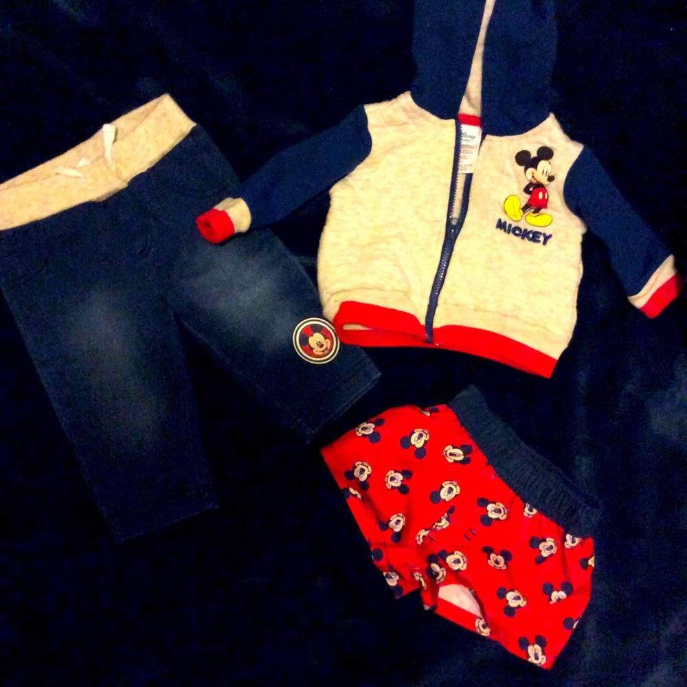 Mickey Mouse pants and jacket and beach shorts